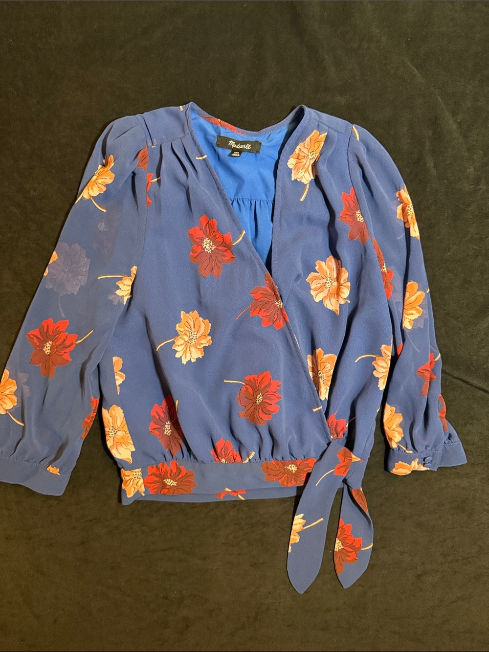 Madewell Blue Floral Tie-Waist Wrap Blouse